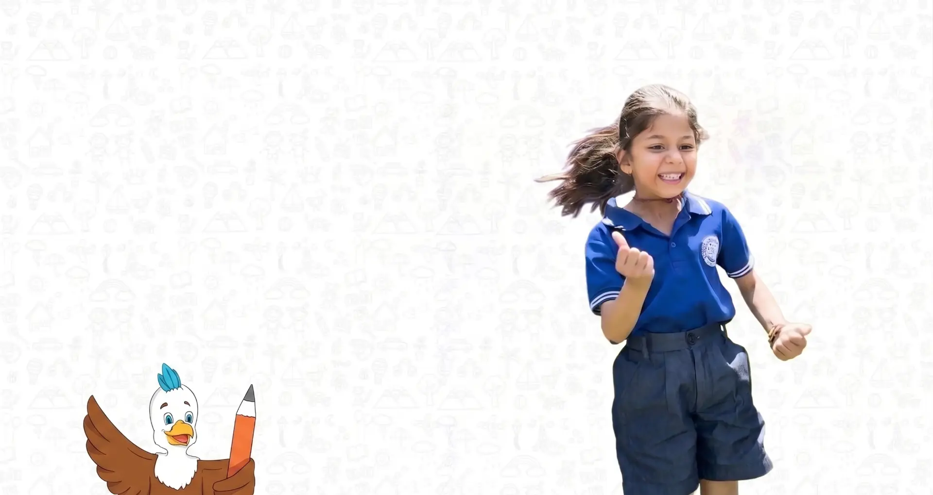 Buniyaad World School banner with happy student and mascot